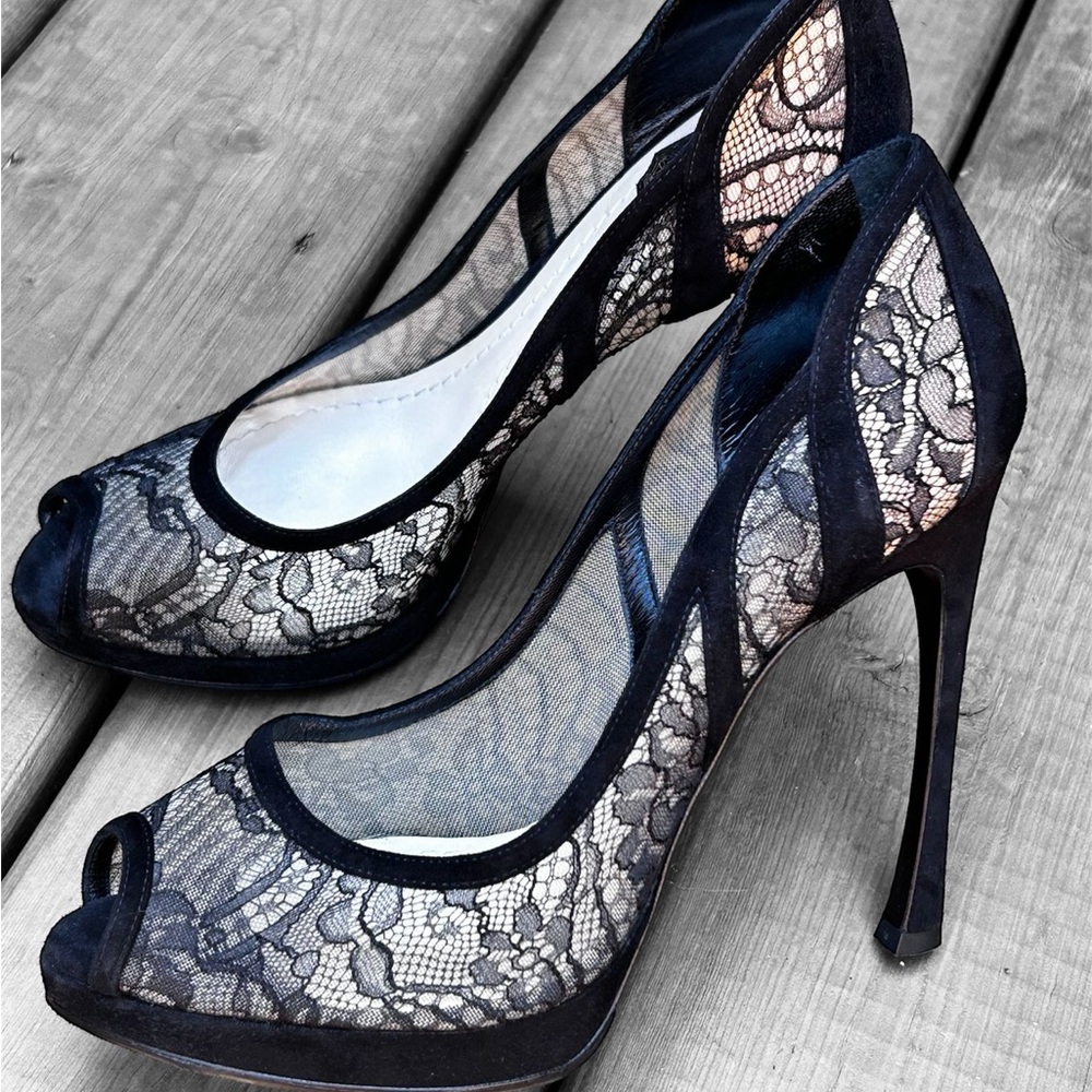 Dior Black Lace And Suede Scallop Peep Toe Pumps Size 39